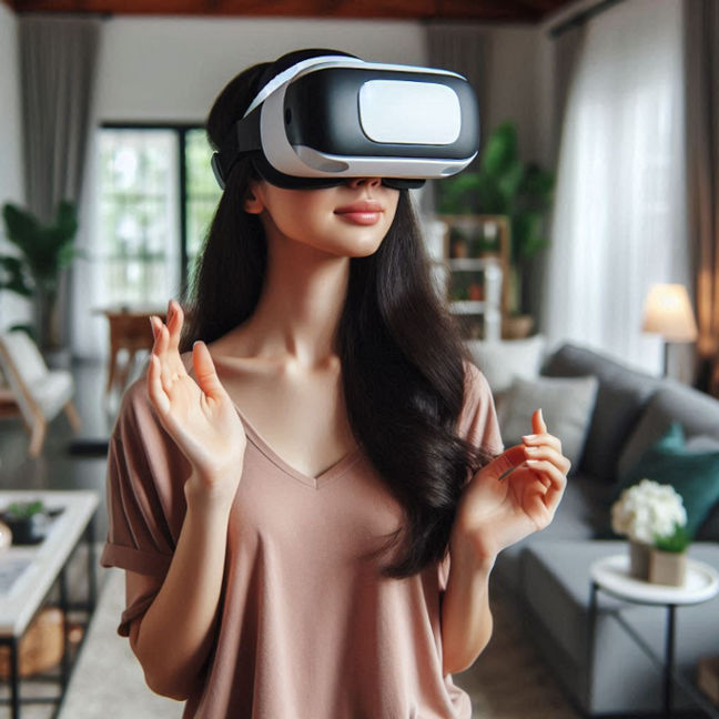 A young woman with dark hair, wearing a VR headset, stands in a modern living room, immersed in virtual reality.