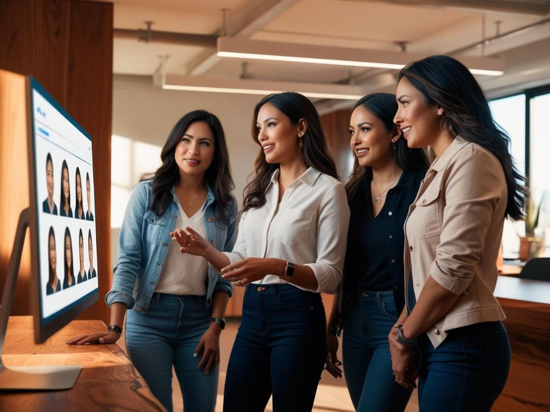 Diverse professionals reviewing AI-generated portraits on a screen in modern office setting.
