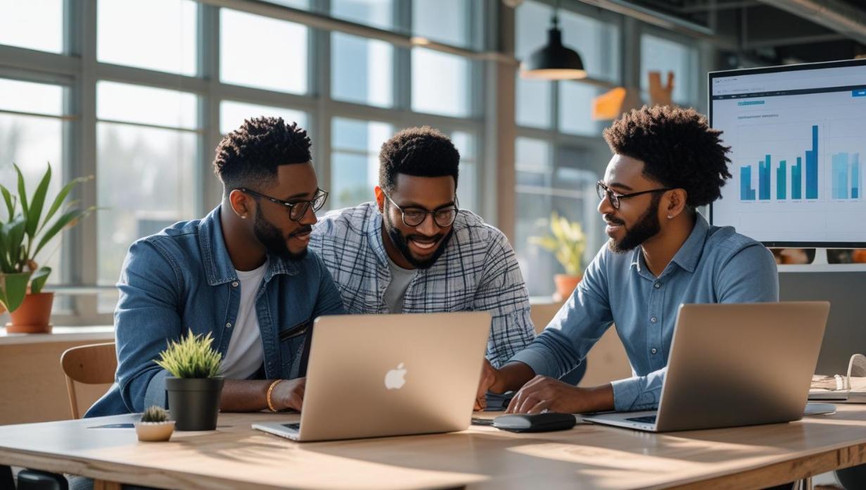 Creative professionals collaborate in bright workspace with laptops, tablets, and design tools.