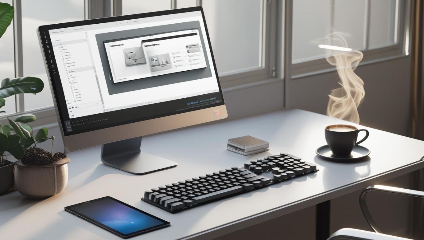 Designer workspace with monitor, tablet, keyboard, coffee, natural light, realistic home office.