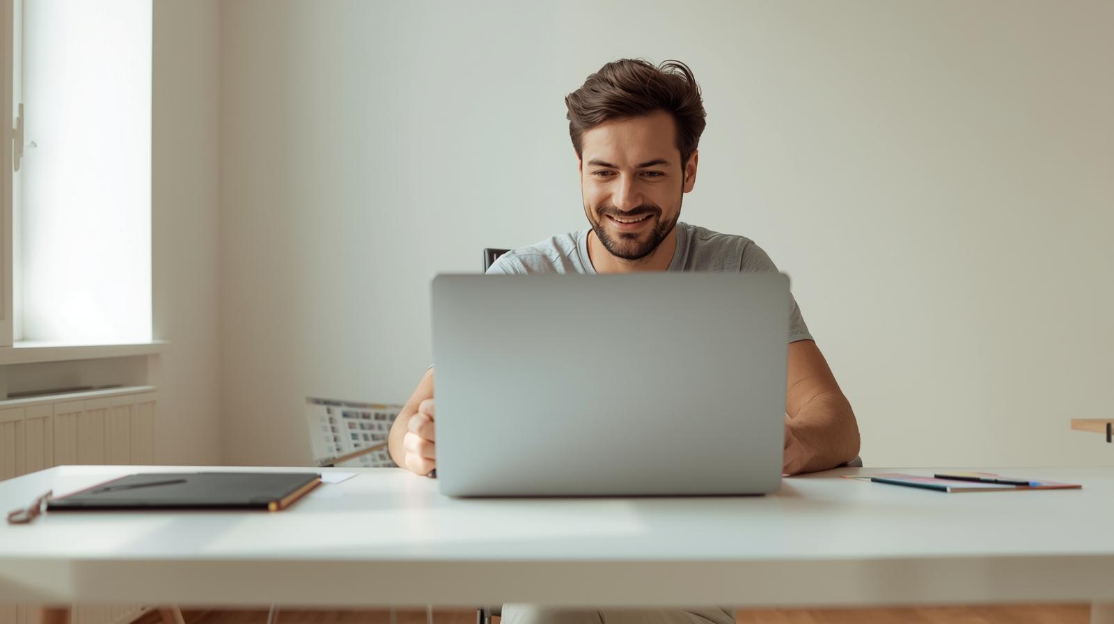 Smiling designer works at laptop in bright workspace, screens blurred, natural warm lighting.