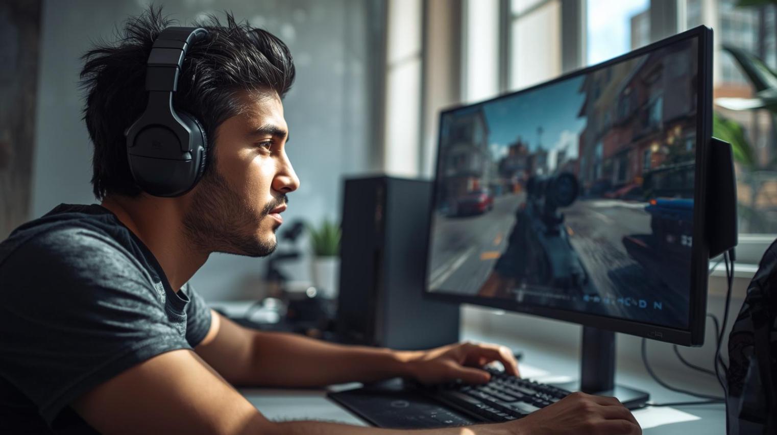 Focused gamer analyzing visuals on screen while playing competitive shooter game intensely.